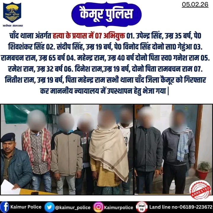 कैमूर पुलिस की बड़ी कार्रवाई: चांद थाना क्षेत्र में हत्या के प्रयास मामले में 7 आरोपी गिरफ्तार